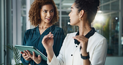 Buy stock photo Staff, tablet and talking on finance in office, budget plan and online for economy research. Business people, collaboration and website for accounting feedback, discussion and support for proposal