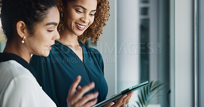 Buy stock photo Women, tablet and teamwork on finance in office, budget plan and online for economy research. Business people, collaboration and website for accounting feedback, discussion and support for proposal