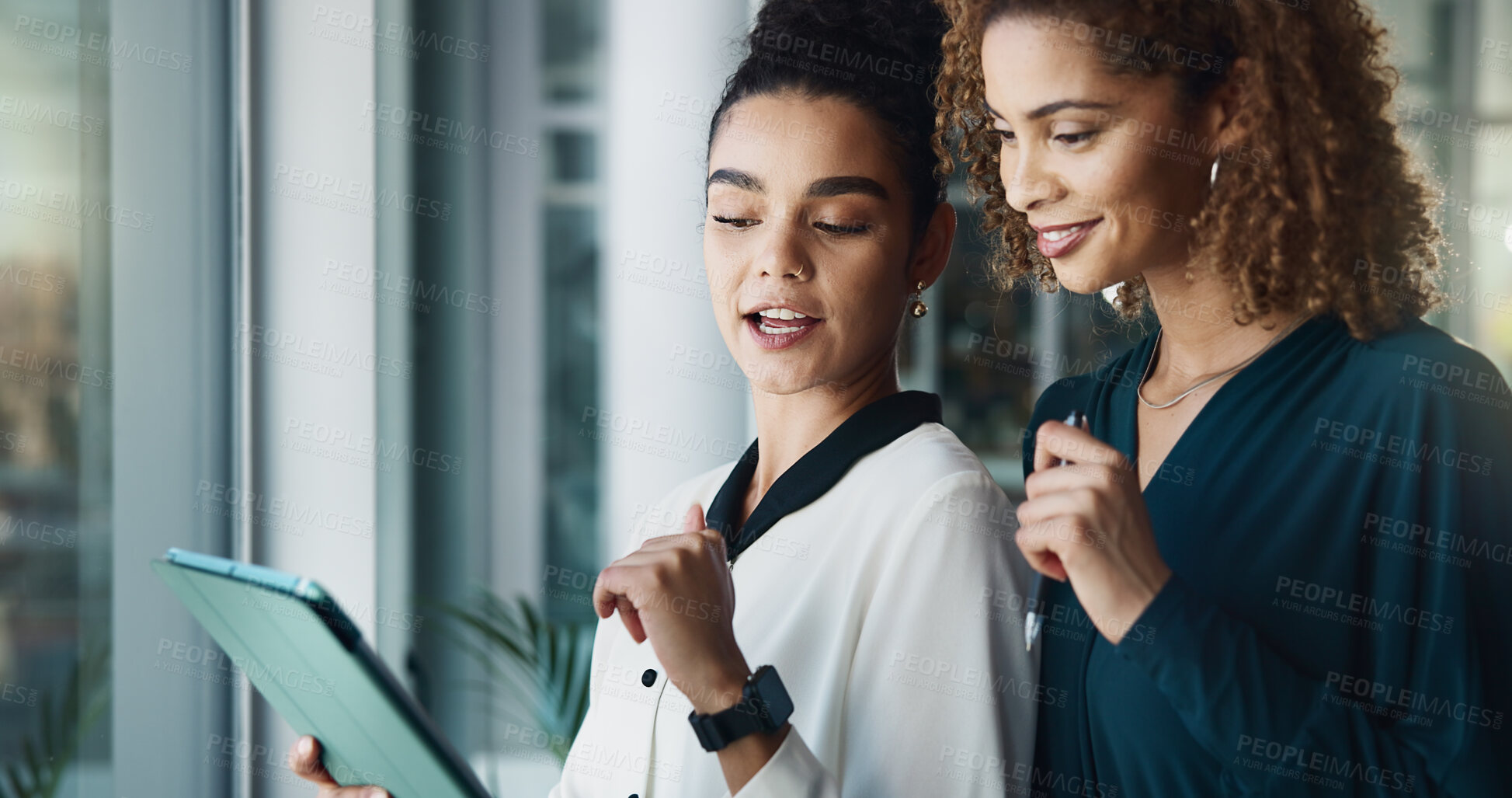 Buy stock photo Employees, tablet and teamwork on budget in office, finance meeting and online for economy research. Women, collaboration and website for accounting feedback, discussion and support for proposal