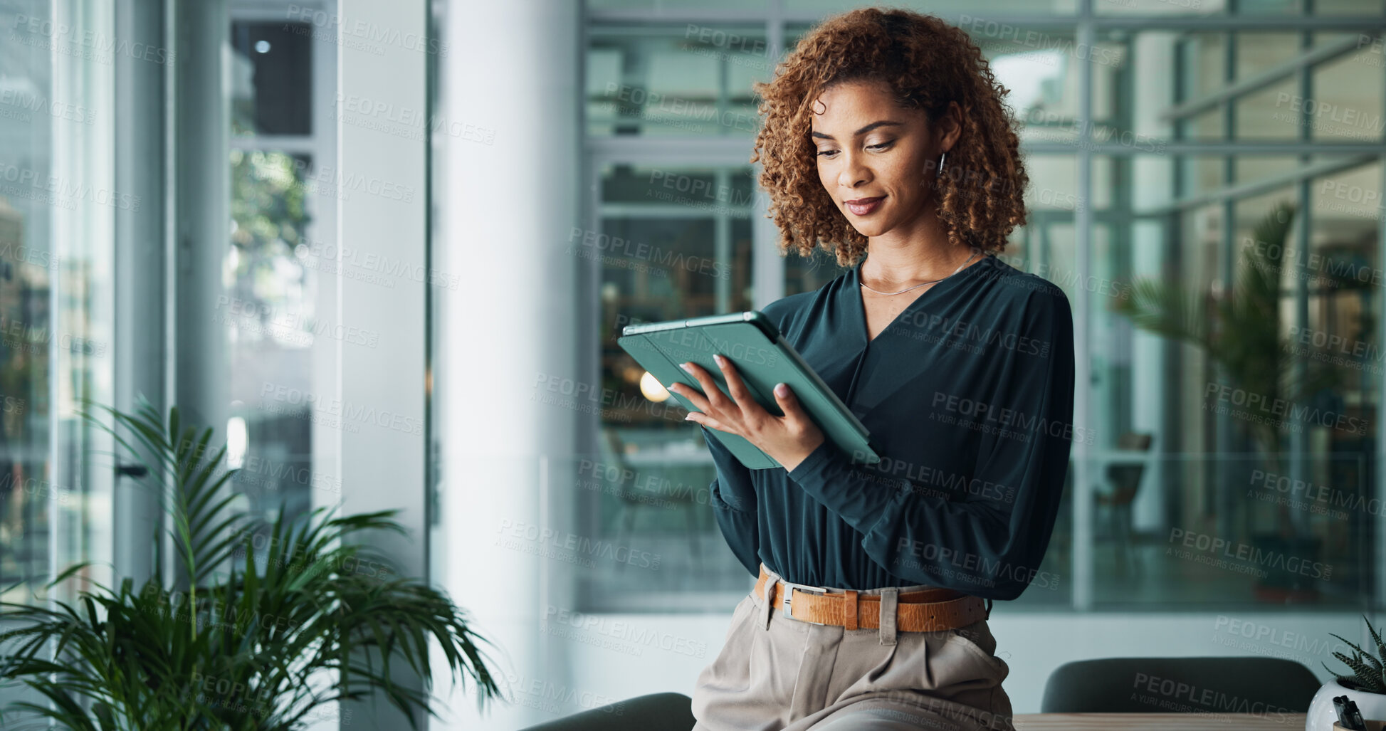 Buy stock photo Tablet, creative woman and hands with communication, research or reading news for publishing in startup office. Digital technology, manager and planning business project, review and problem solving