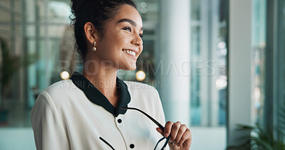 Buy stock photo Office, businesswoman and thinking with glasses for lawyer, justice solution and happy for planning. Law firm, female person and attorney with pride for court ideas, problem solving and inspiration