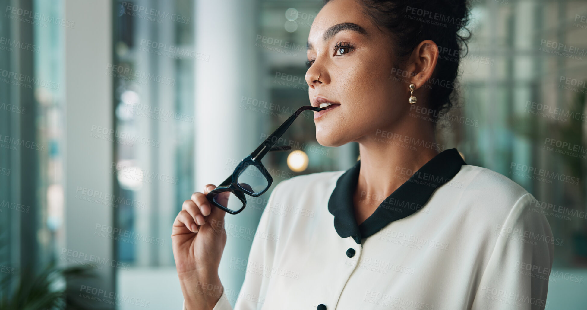 Buy stock photo Lawyer, businesswoman and thinking with glasses in office, project solution and planning for court. Law firm, female person and attorney with thoughts for justice ideas, problem solving and remember