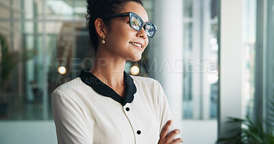 Buy stock photo Office, businesswoman and thinking with pride for lawyer, case solution and smile for planning. Law firm, female person or attorney with arms crossed for justice ideas, problem solving or inspiration