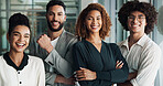 Staff, portrait and arms crossed for solidarity in office, team building and manager for support. Business people, cooperation and global news agency for press media, happy vision and confidence
