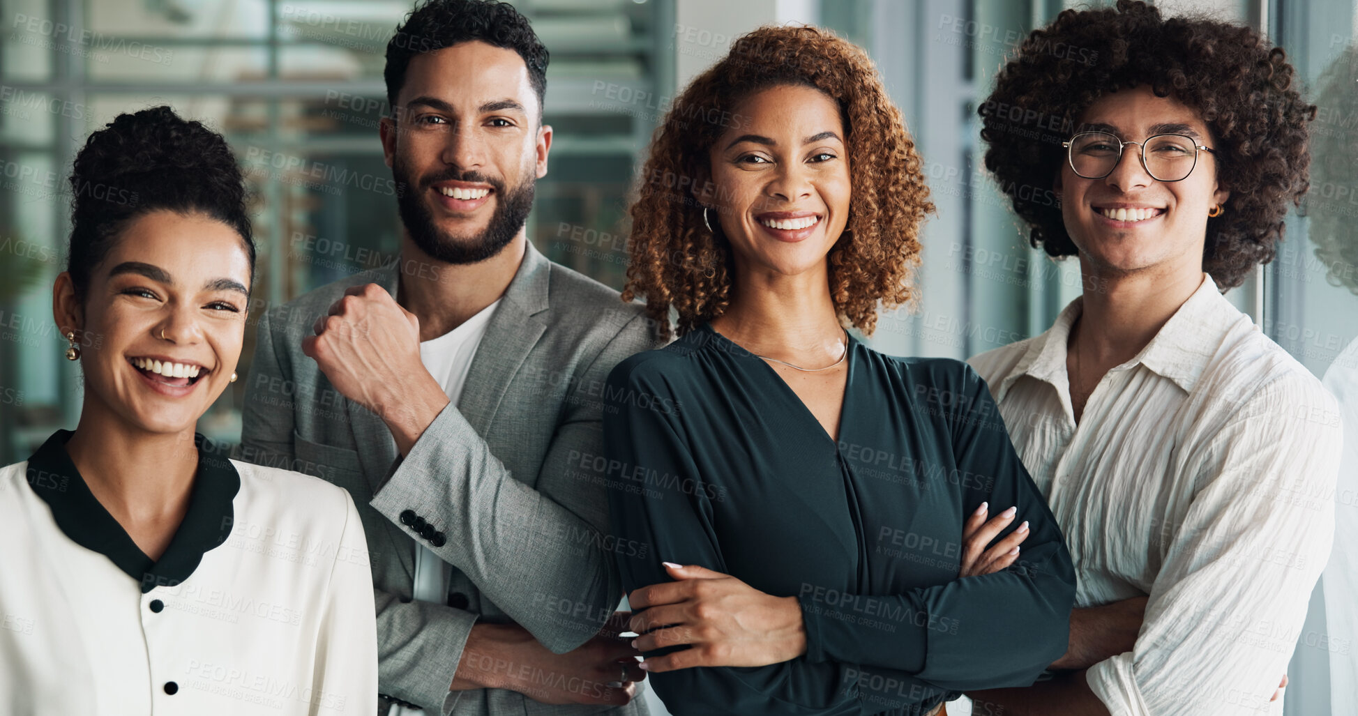 Buy stock photo Staff, portrait and arms crossed for solidarity in office, team building and manager for support. Business people, cooperation and global news agency for press media, collaboration and confidence