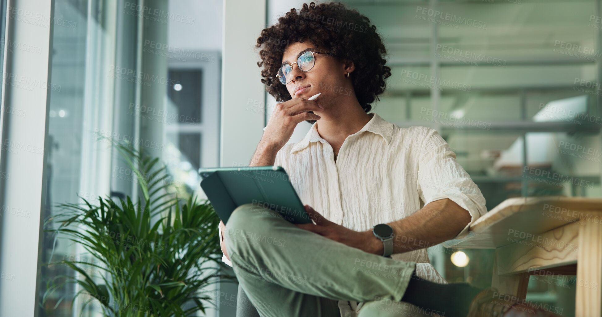 Buy stock photo Thinking, tablet and creative man for planning, research project or email on internet. App designer, consultant and person on digital tech for problem solving, business social media or branding