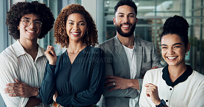 Buy stock photo Group, portrait and arms crossed for solidarity in office, team building and manager for support. Business people, cooperation and global news agency for press media, happy diversity and confidence