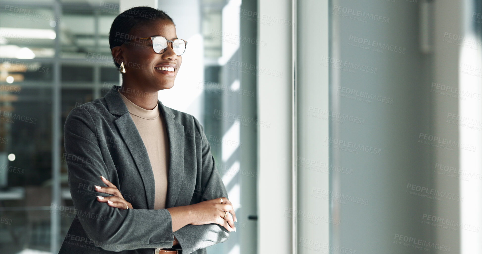 Buy stock photo Office, thinking and black woman with ideas, arms crossed and future plan for creative problem solving. Proud, smile or happy business advisor daydreaming of profit growth, inspiration or opportunity