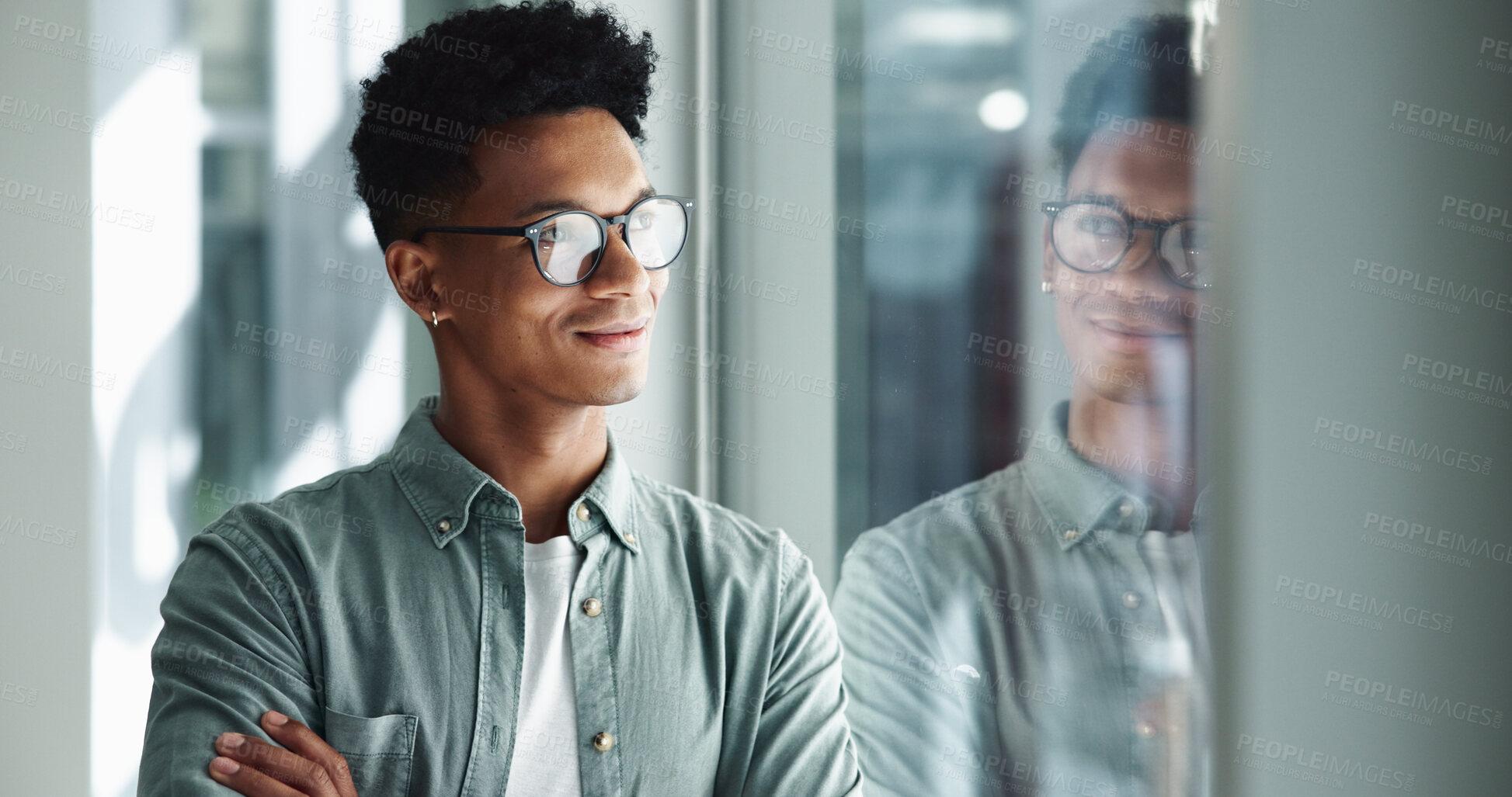 Buy stock photo Office, thinking and man with ideas, smile and future plan for creative problem solving or choice. Startup, reflection or serious designer daydreaming of business growth, inspiration or opportunity