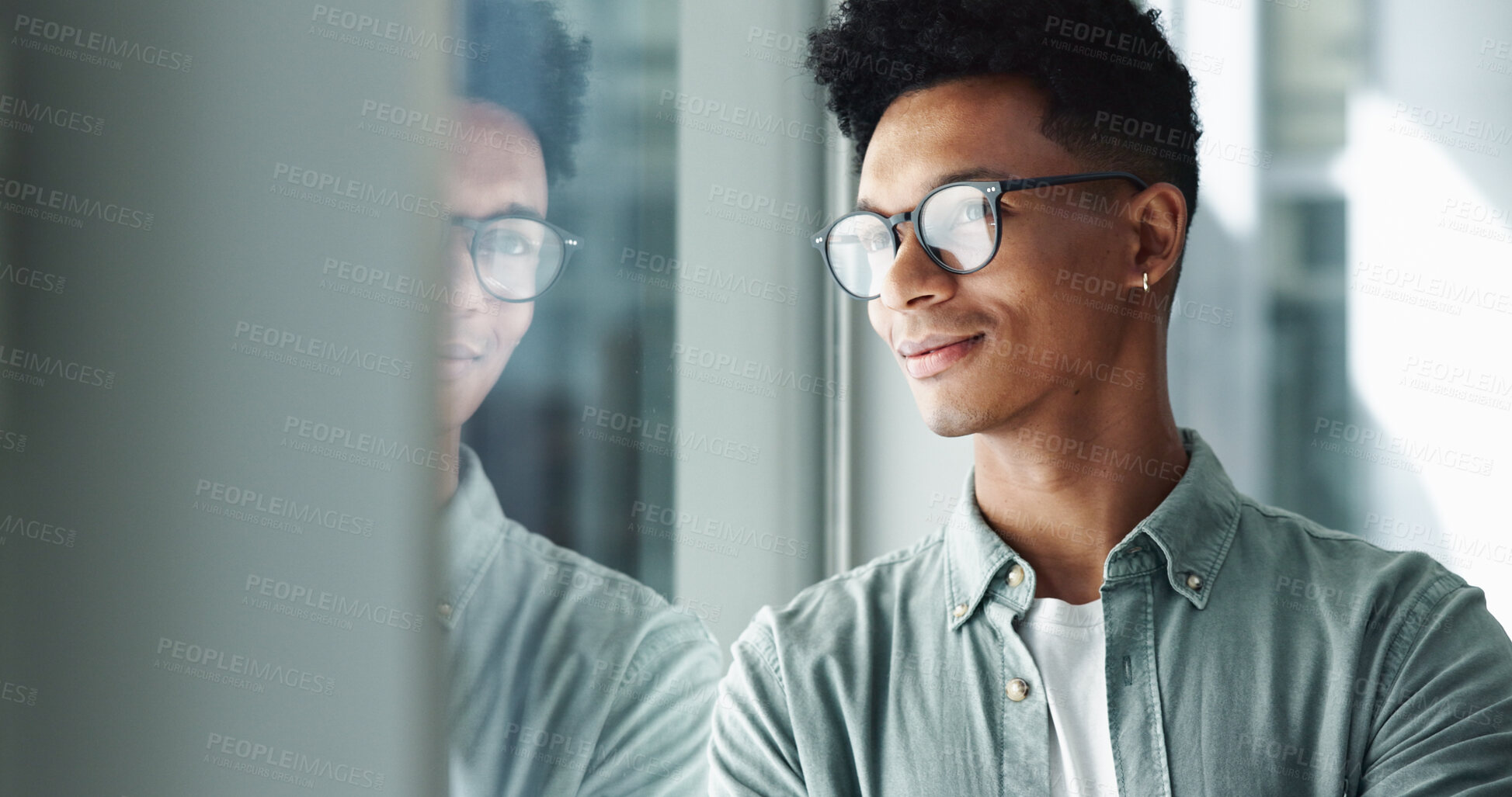 Buy stock photo Office, thinking and proud man with ideas, smile and future plan for creative problem solving or choice. Startup, reflection or designer daydreaming of business growth, inspiration or opportunity