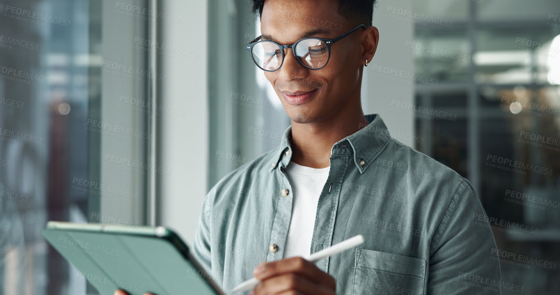 Buy stock photo Happy man, glasses and tablet in office for design, creativity and reading for good news at window. Designer, vision and tech in digital agency for web development, company info and business research