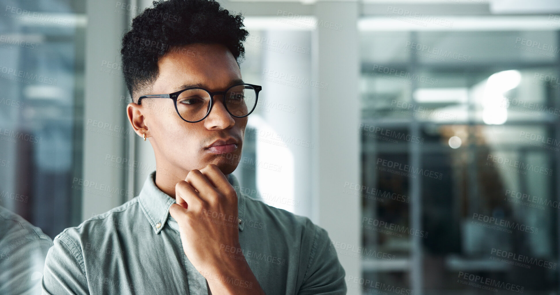 Buy stock photo Office, thinking or creative man with solution, startup vision or future plan for problem solving choice. Ideas, reflection or designer daydreaming of business growth, inspiration or opportunity