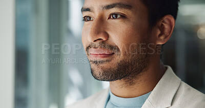 Buy stock photo Office, thinking or proud Asian man with ideas, challenge or future plan for creative problem solving. Window, face closeup or business advisor daydreaming of profit growth opportunity or inspiration