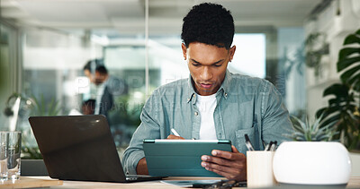 Buy stock photo Business man, tablet and writing at startup in office for insight, notes or project management. Person, checklist and digital touchscreen for review, sign and feedback in workplace at creative agency