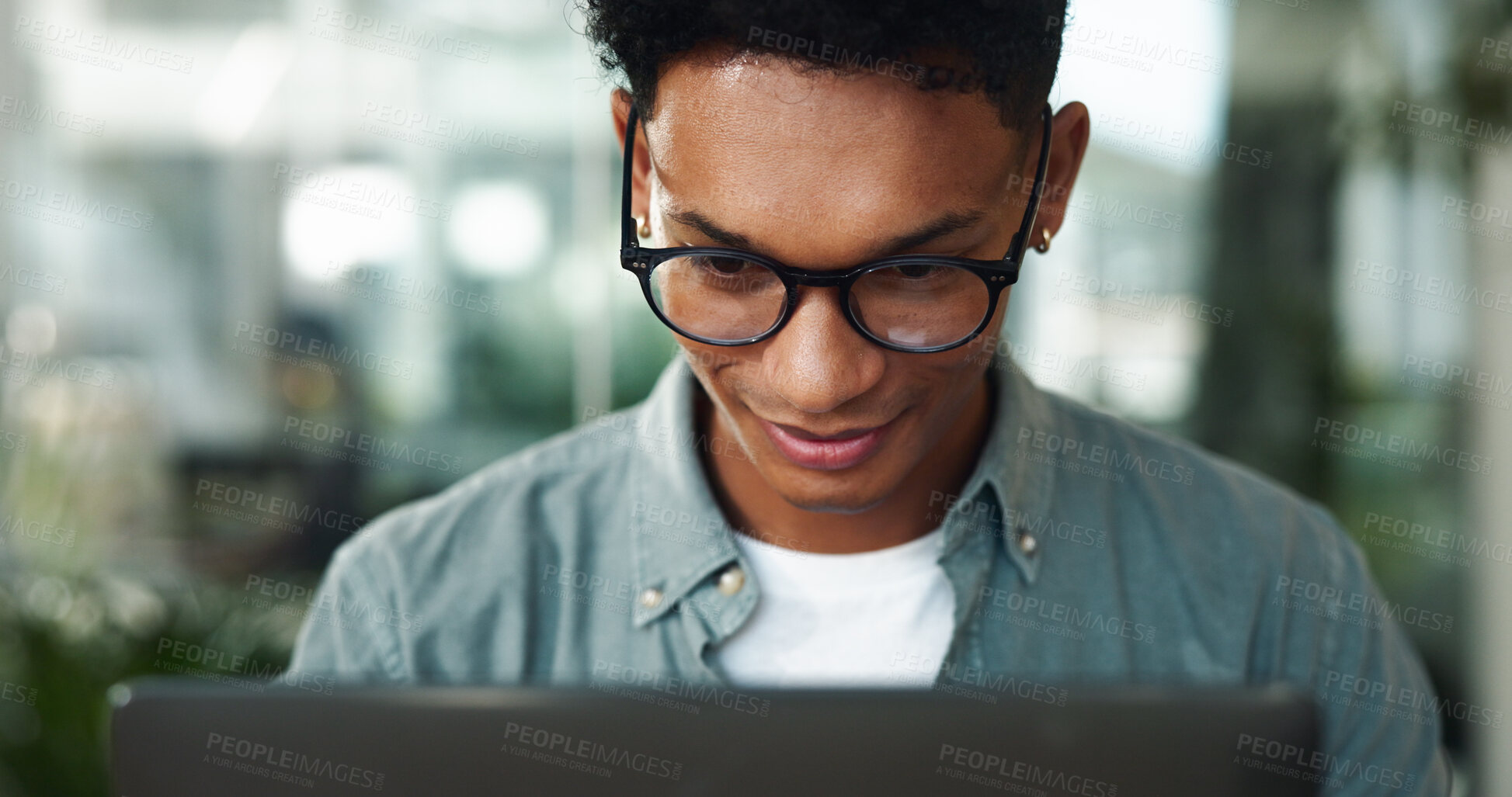 Buy stock photo Smile, laptop and glasses with business man in office for journalist, article proofreading and editor. Email, news and report with employee in startup agency for entrepreneur, network and project