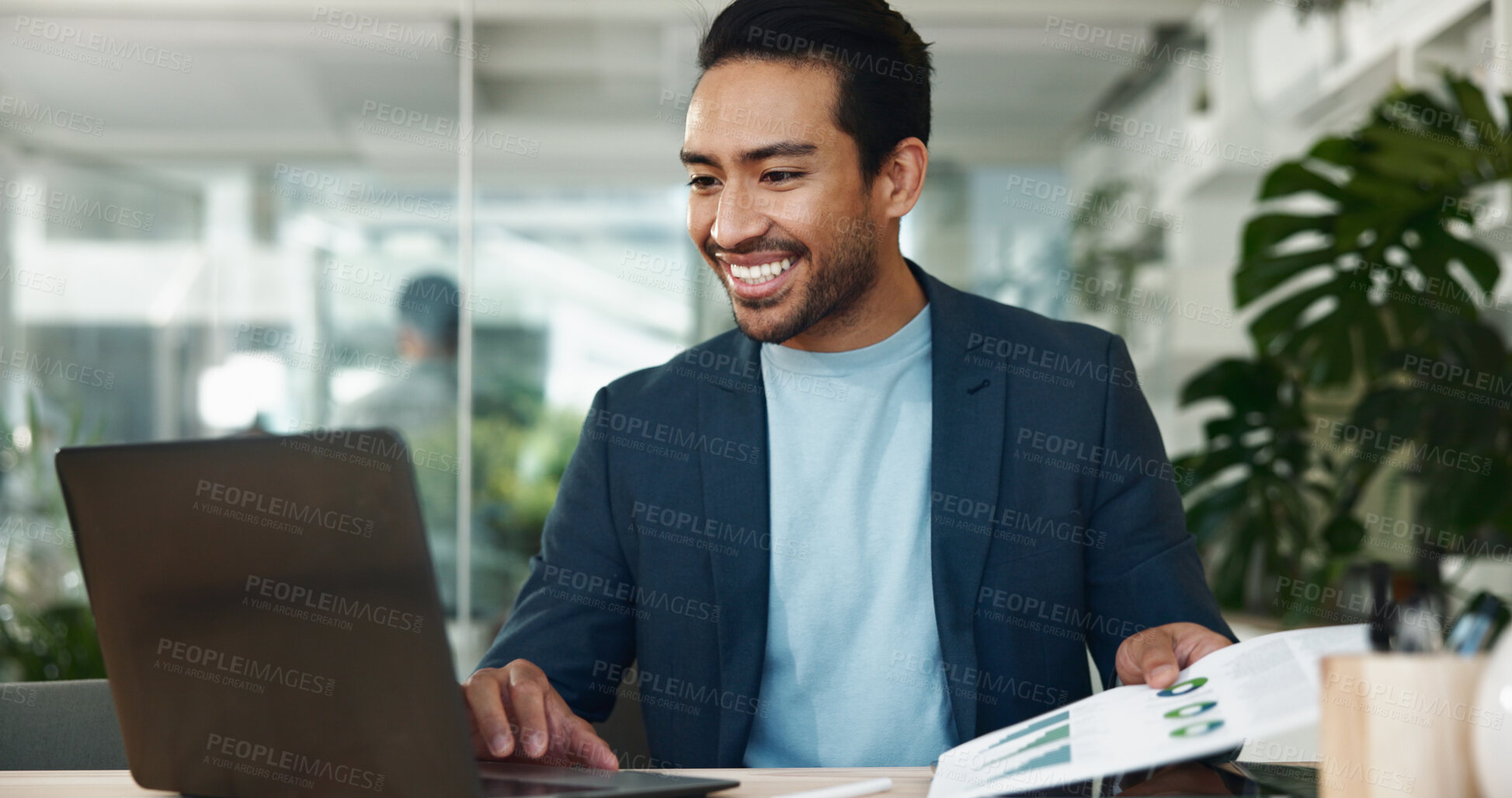 Buy stock photo Business, laptop and man happy with paperwork in office for financial statement, company account or planning. Employee, accountant and smile with budget report for risk management or proposal review