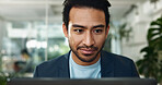 Research, laptop and reading with business man in office for journalist, article proofreading and editor. Email, news and report with employee in startup agency for entrepreneur, network and project