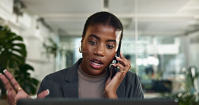 Buy stock photo Black woman, phone call and discussion on laptop in office, schedule meeting and talk to client. Female person, communication and online for news quote by contact, press journalist and calendar notes