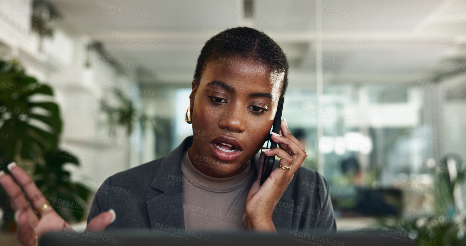 Buy stock photo Black woman, phone call and discussion on laptop in office, schedule meeting and talk to client. Female person, communication and online for news quote by contact, press journalist and calendar notes