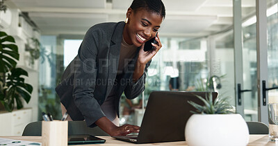 Buy stock photo Black woman, phone call and typing on laptop in workplace, schedule meeting and talking to client. Female person, planning and online for news quote by contact, press journalist and calendar notes
