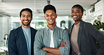 Employees, portrait and arms crossed for mission in office, teamwork and manager for support. Business people, cooperation and global news agency for press media, journalism diversity and confidence