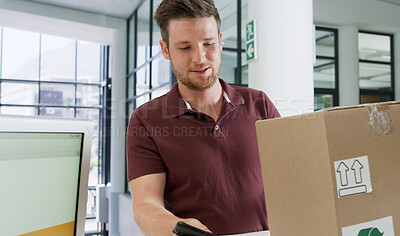 Buy stock photo Man, delivery and office with box for logistics, courier service or online order at front desk. Male person, transport or package with parcel, cargo or shipment for import or export distribution