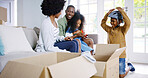 Happy, black family and unpacking boxes with children for relocation or moving in new home together. African, mom and dad with excited kids for unboxing, property or toys on living room sofa at house