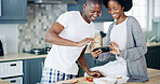 Happy couple, breakfast and photograph in kitchen for eating fruit salad or detox in home or house. African people, smile or picture of food, nutrition or diet for health, wellness or meal in bowl