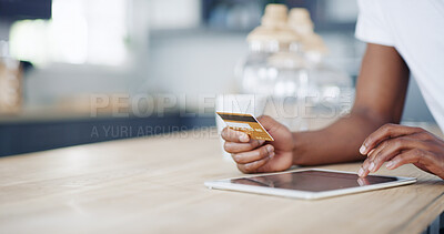 Buy stock photo Man, hands and credit card for tablet purchase in home, wireless transaction and online shopping. Male person, banking website and ecommerce for checkout order, payment and kitchen for finance app