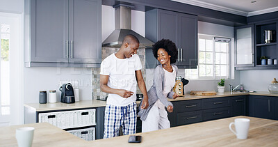 Buy stock photo Couple, kitchen and happy with dancing in morning for bonding together, connection and enjoyment. Love, black people and dancer in home for anniversary celebration, relationship and weekend energy