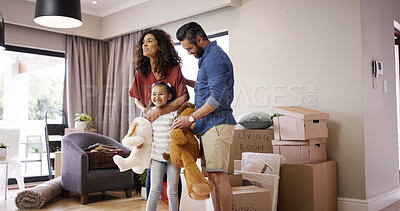 Buy stock photo Real estate, moving in and family with new home, child and boxes for property. Happy parents, girl and together with mortgage, apartment and future investment or beginning with excited kid and wow
