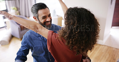 Buy stock photo Couple, hug and celebrate moving in flat, relocation goal success and homeowners for mortgage. People, embrace and proud of real estate achievement in new home, support and buy for house security