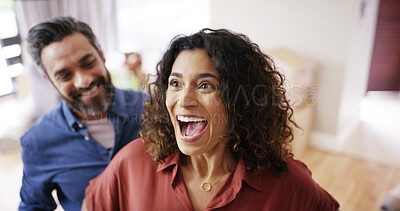 Buy stock photo Happy couple, shock and new home with surprise for relocation, gift or moving in together. Excited man, woman or lovers with present, house or apartment for anniversary, celebration or renovation