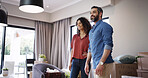 Couple, happy and boxes in new home for moving, relocation and pride for property investment. Mature people, marriage and smile in living room for bond approval, mortgage and excited for opportunity