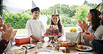 Birthday cake, candles and children with family, parents and celebration for party and singing or clapping. Happy people, son and daughter with chocolate dessert, special day and bonding at home