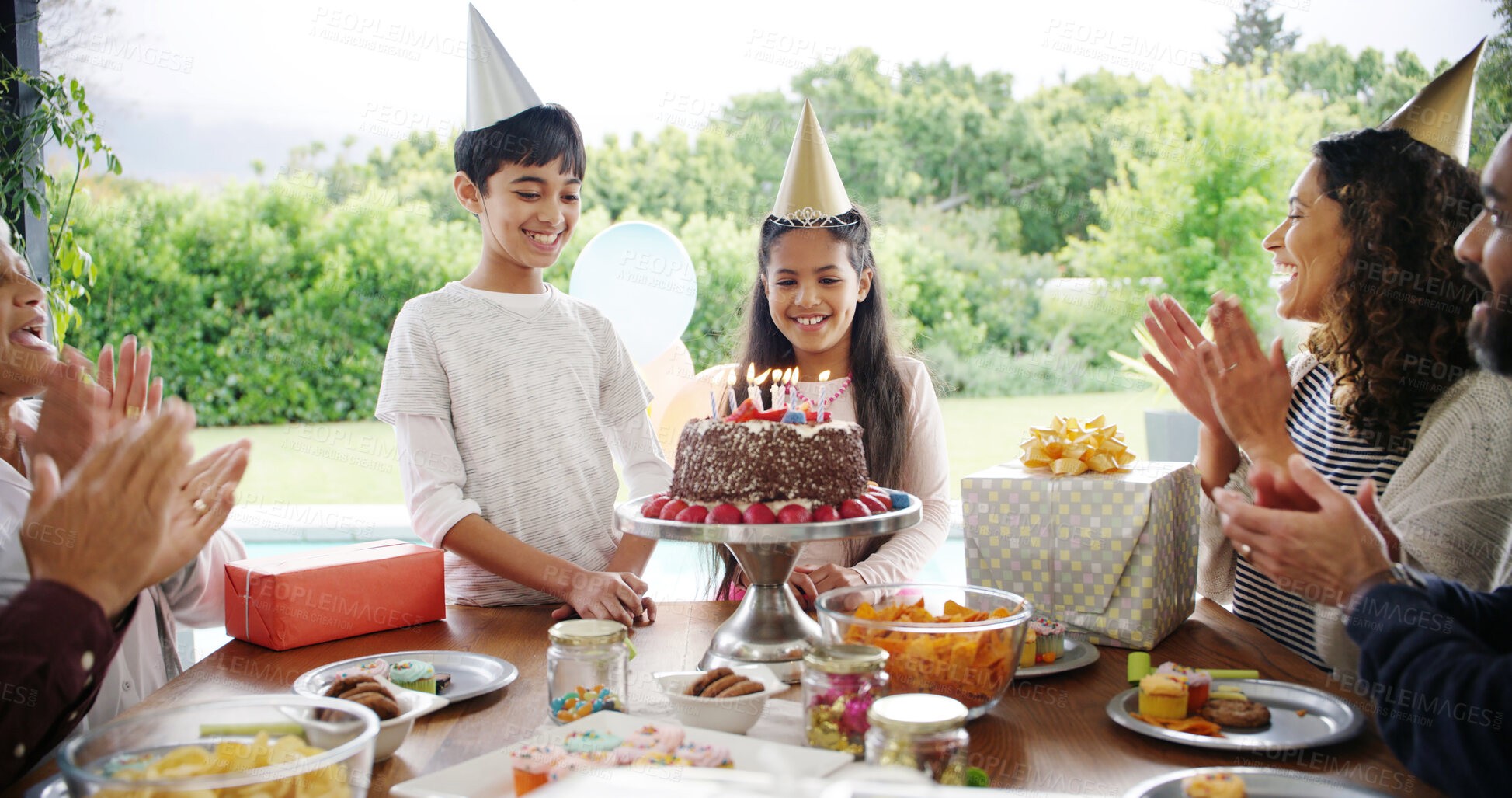 Buy stock photo Birthday cake, candles and children with family, parents and celebration for party and singing or clapping. Happy people, son and daughter with chocolate dessert, special day and bonding at home