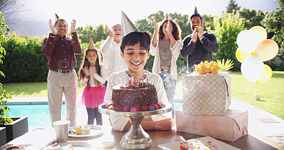 Buy stock photo Birthday cake, big family and excited boy with parents for celebration, party and singing or clapping. Happy people, child and son with chocolate dessert, special day and bonding at home for applause