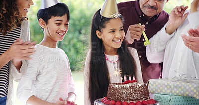 Buy stock photo Birthday cake, happy family and children smile with parents for celebration, party and singing or clapping. Generations, kid and daughter with chocolate dessert, special day and bonding at home