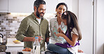 Parents, child and happy in kitchen for baking, bonding and messy at counter with learning. Mother, father or kid in family home for relationship development, education or help making muffins for fun