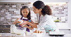 Help, mom and child with kitchen, baking and learning with ingredients for pastry or dessert cake. Smile, happy mother and teaching cooking daughter for pudding, cookies or recipe prepare in home