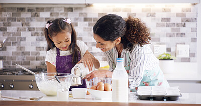 Buy stock photo Help, mom and child with measure, baking and learning with ingredients for pastry or kitchen dessert. Smile, happy mother and teaching cooking daughter for pudding, cookies or recipe prepare in home