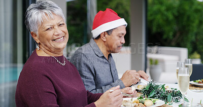 Buy stock photo Christmas, elderly woman and family in home for meal, festive celebration and tradition. Happy grandma, portrait or people on patio for lunch party, community and relax at reunion or social gathering