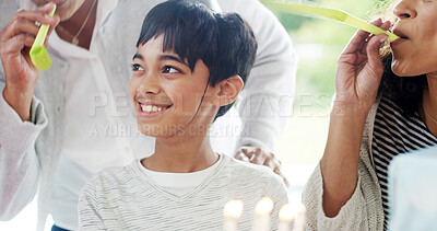 Buy stock photo Child, family and birthday party horn for celebration with love, surprise gathering and bonding together. Happy people, boy kid or excited for special event with care, relationship or support by home