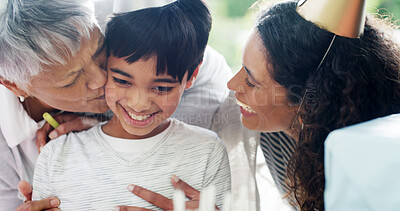 Buy stock photo Birthday party, family and hug child for celebration by home with surprise gathering and bonding together. Happy people, boy kid and embrace for special event wish with kiss, relationship and support