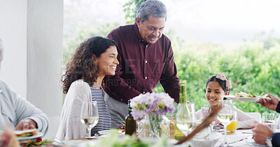 Buy stock photo Garden, happy and holiday with family at lunch for bonding, Christmas celebration and festive party. Love, support and food with people and backyard at home for vacation, reunion and brunch together