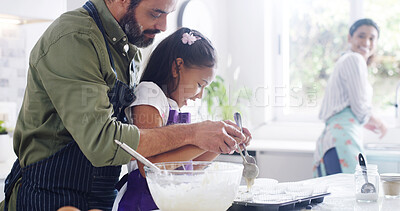 Buy stock photo Family, dad and girl with kitchen, baking and learning with ingredients for pastry or dessert cake. Smile, happy mother and cooking daughter help pudding, cupcakes or recipe preparation in home