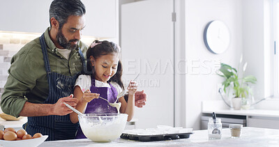 Buy stock photo Family, dad and child with kitchen, baking and learning with ingredients for dessert cake or bonding. Smile, happy father and cooking daughter help for support, cupcakes or recipe preparation in home