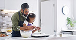 Family, dad and child with kitchen, help baking and learning with ingredients for pastry or dessert cake. Smile, happy father and cooking daughter for pudding, cupcakes or recipe preparation in home