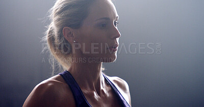 Buy stock photo Fitness, woman and tired of exercise in gym with breathing, workout fatigue or resting on mockup space. Athlete, break or exhausted of intense endurance training with relax, overworked or performance
