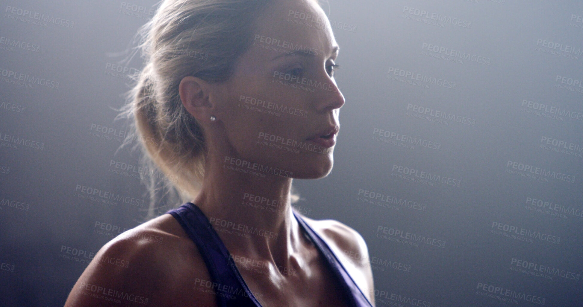 Buy stock photo Fitness, woman and tired of exercise in gym with breathing, workout fatigue or resting on mockup space. Athlete, break or exhausted of intense endurance training with relax, overworked or performance